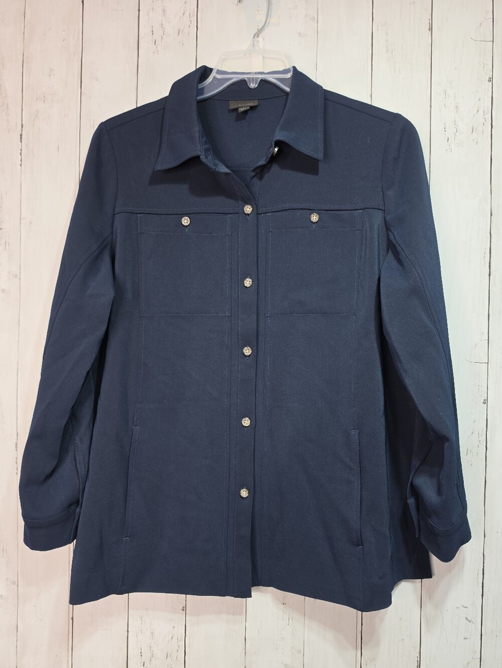 J. Jill Wearever Collection Navy Blue Button Down Shirt Jacket Size Large Petite